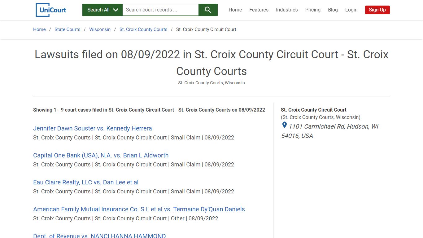 Lawsuits filed on 08/09/2022 in St. Croix County Circuit Court - St ...